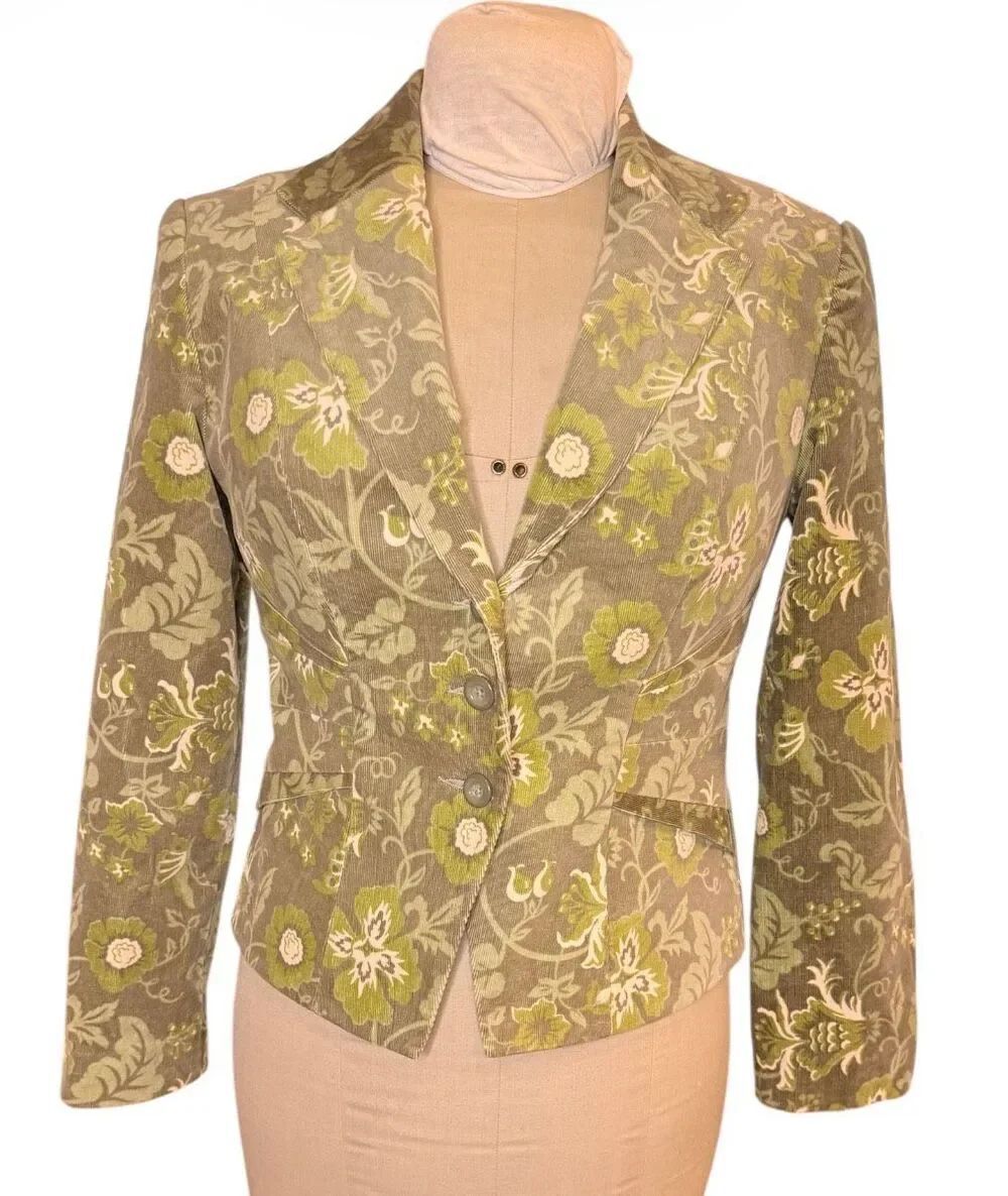 Willi Smith Vintage Corduroy 2-Button Front Blazer Sz. 4 Floral Print Boho Festi